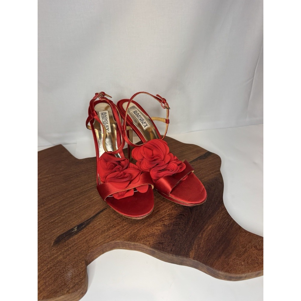 Badgley Mischka Red Satin Floral Stiletto Heels Sandals Size 9M Leather Sole